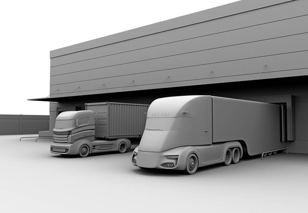 Πήλινο μοντέλο απόδοσης ηλεκτρικά φορτηγών πάρκινγκ μπροστά από το σύγχρονο κέντρο logistics. εικόνα απόδοση 3D. - Φωτογραφία, εικόνα