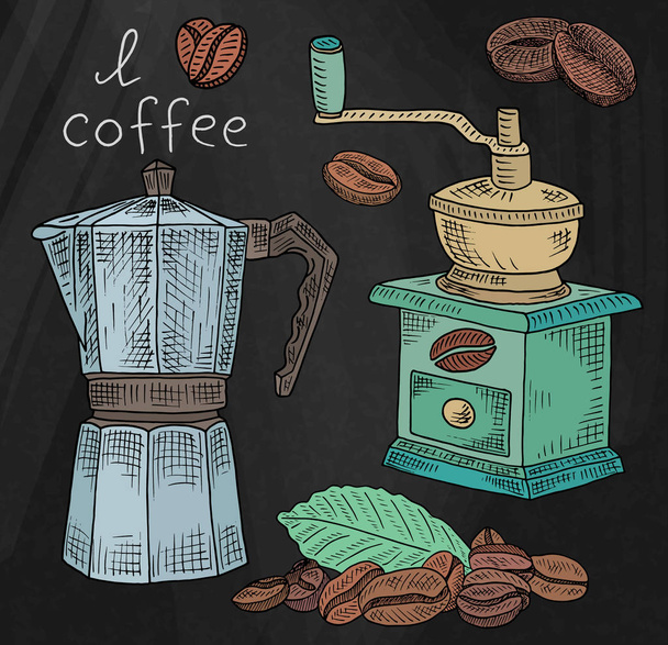 Belle illustration de moulin à café et cafetière avec des grains sur fond de tableau
 - Vecteur, image