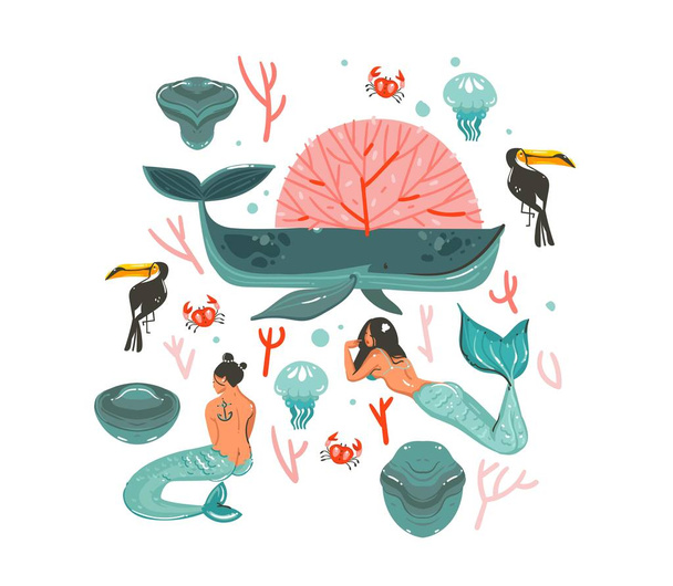 Dibujado a mano vector abstracto dibujos animados gráfico verano tiempo bajo el agua ilustraciones conjunto con arrecifes de coral, cangrejo, medusas, piedras y belleza bohemia niñas personajes aislados sobre fondo blanco
 - Vector, imagen