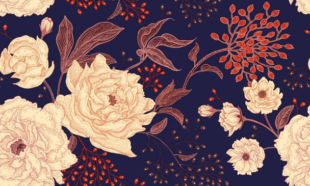 Peonies and roses. Floral vintage seamless pattern. Gold and white flowers, leaves, branches and red berries on navy blue background. Oriental style. Vector illustration art for textiles, paper design - Vetor, Imagem