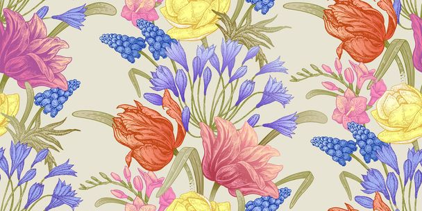 Spring flowers. Flower vintage seamless pattern. Oriental style. Tulips, buttercups, hyacinth, freesia, African lily. Colorful background for textiles, paper, wallpaper. - Vektori, kuva