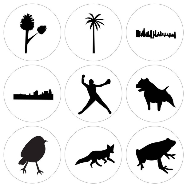 Sada 9 jednoduchých upravovat ikony jako černé žába, černá liška, robin, černá Pitbull, softball hráč, černý new orleans, la Černá obloha, černou palmetto strom, borovou lze použít pro mobilní, webové uživatelské rozhraní - Vektor, obrázek