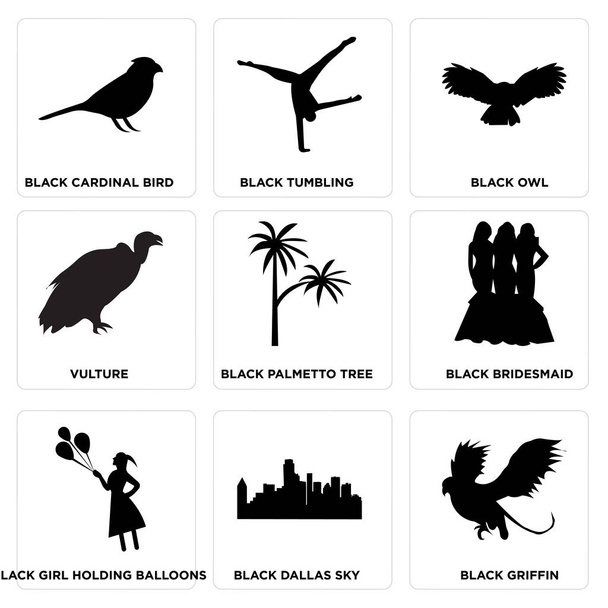 黒いグリフィン、ブラックスカイ ダラス、風船、黒い花嫁介添人、黒のパルメット ツリー、ハゲタカ、黒フクロウ、黒タンブリング、黒い枢機卿の鳥ブラック女の子など 9 の設定簡単な編集可能なアイコン, - ベクター画像
