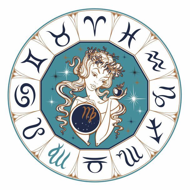 Zodiac merkki Neitsyt kaunis tyttö. Horoskooppi. Astrologiaa. Vektori
 - Vektori, kuva