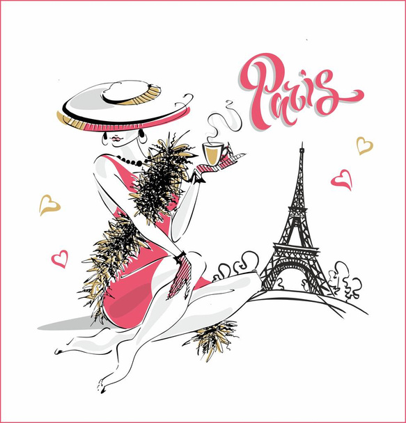 Het meisje in de hoed drinkt koffie. Mannequin in Parijs. Eiffeltoren. Romantische samenstelling. Elegant model op vakantie. Vector. - Vector, afbeelding