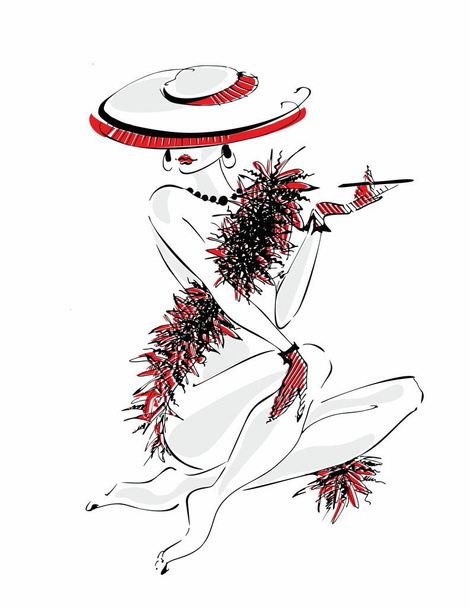 Sexy young girl in a hat. Naked beauty.  Model boa of feathers . Vector illustration. - Vector, Image