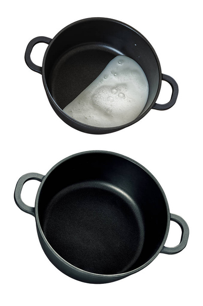 Два зображення сковороди порожніми і з молоком
 - Фото, зображення