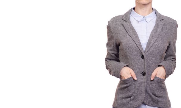 Woman in blue shirt and gray jacket business woman - Foto, imagen