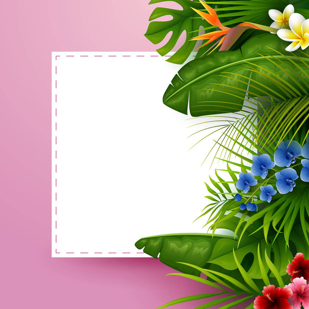 Folhas tropicais com papel de moldura branco para texto sobre fundo rosa
 - Vetor, Imagem