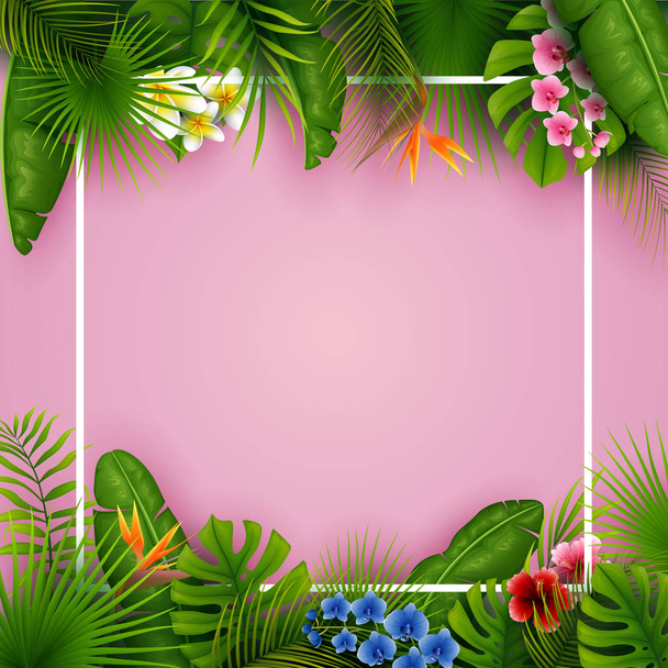 Tropical leaves and flowers with empty frame square on pink background - Vector, Image