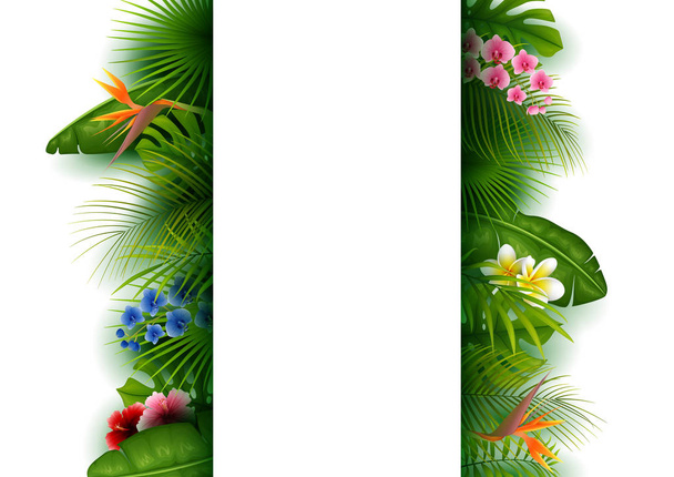 Green tropical leaves and flowers. Vertical Banner background  - Vector, Imagen
