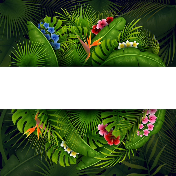 Green Tropical leaves and flower. Vector foliage with place for text background - Вектор,изображение