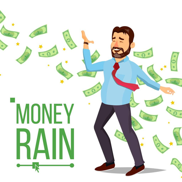 Dollar Rain Businessman Vector. Gerente e sob chuva de dinheiro. Chuveiro de dinheiro. Ilustração de Personagem de Desenhos Animados Planos Isolados
 - Vetor, Imagem