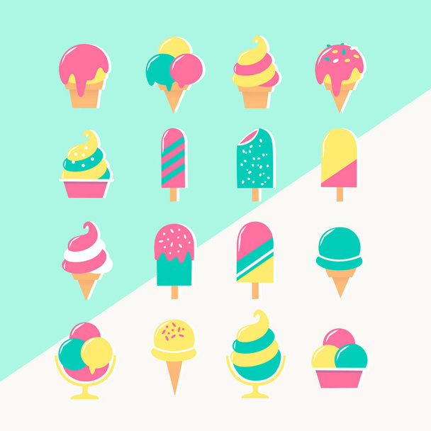 Eis-Set mit Symbolen in Pastellfarben auf zweifarbigem Hintergrund. Vektorbilder - Vektor, Bild