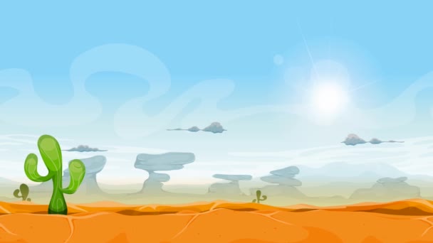Animación sin fisuras del paisaje del desierto occidental / Animación en bucle sin fisuras de un fondo de paisaje desértico, con plantas de cactus, montañas y nubes bajo el sol
 - Metraje, vídeo