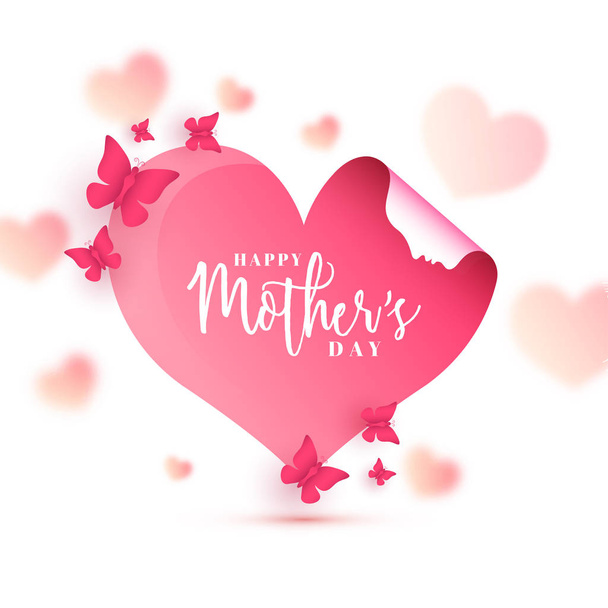 Heart shape paper with a woman face, butterflies and text Happy Mothers Day. - Vector, afbeelding