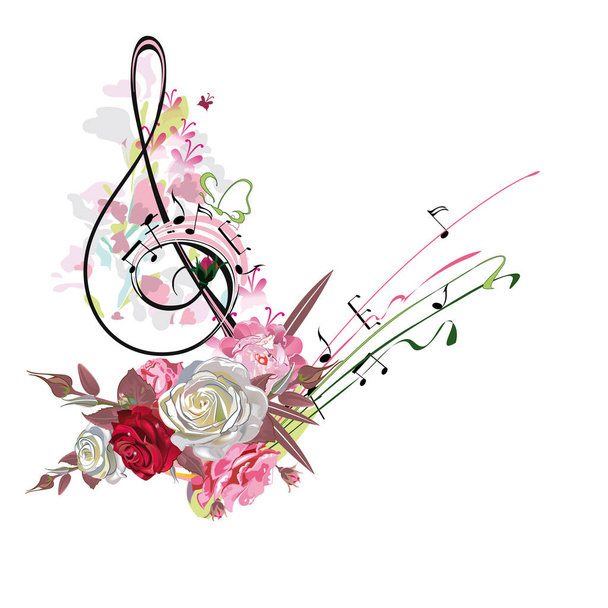 Abstract treble clef decorated with summer and spring flowers. - Wektor, obraz