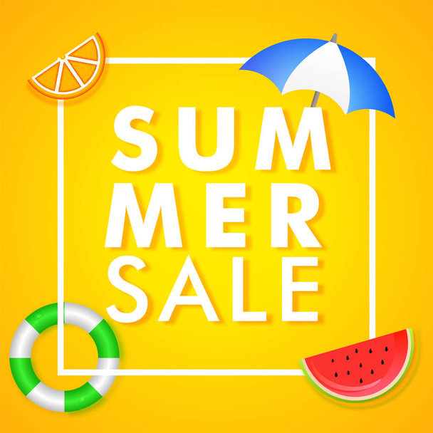 Summer sale banner design with stylish watermelon slice, umbrell - Vektori, kuva