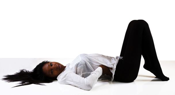 Young African American Woman Reclining Stockings Shirt - Valokuva, kuva