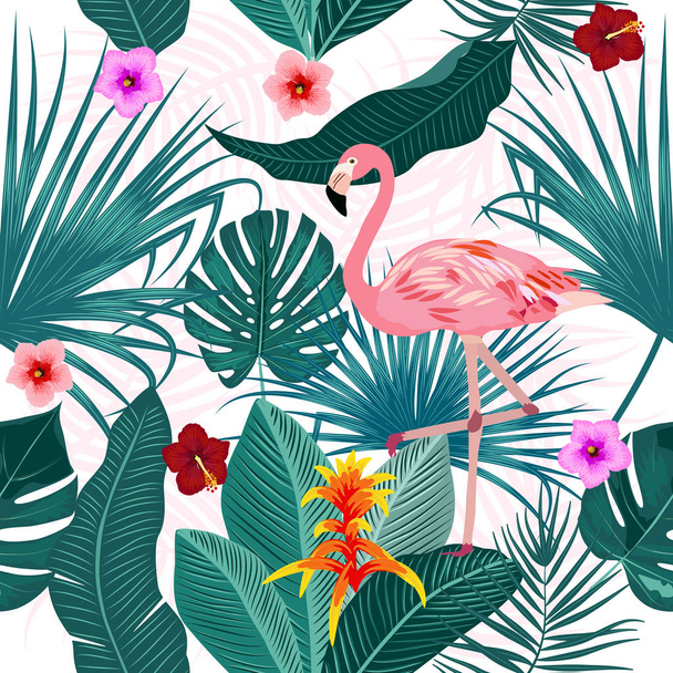 Trópusi levelek, flamingo és virágok vektor zökkenőmentes minta - Vektor, kép