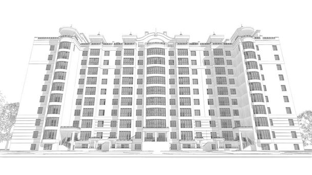 dibujo a lápiz 3d ilustración de un moderno edificio de varios pisos fachada exterior y el diseño del paisaje patio
 - Foto, imagen