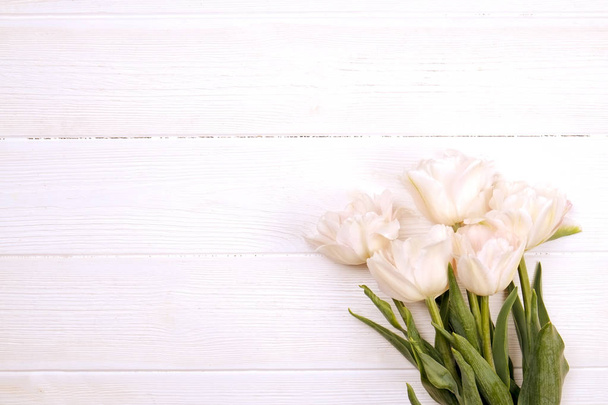 Beautiful spring holidays flowers arrangment. Bunch of white tulips in festive composition, copy space for text, white background. - Fotoğraf, Görsel
