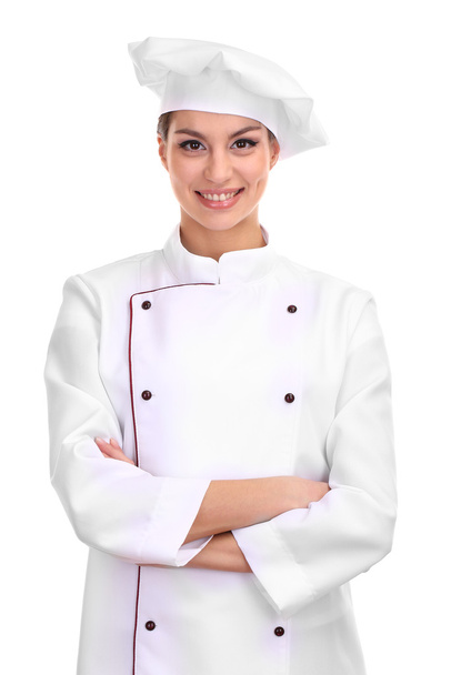 Portrait of young woman chef isolated on white - Foto, immagini