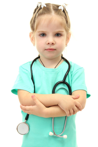 little girl doctor with toy bear, isolated on white - Foto, Imagen