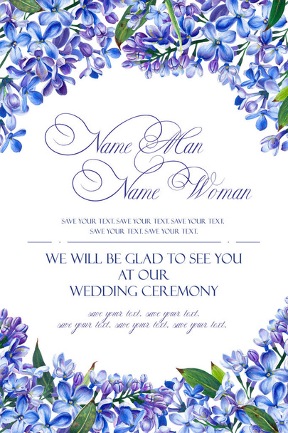 Template for congratulations or invitations to the wedding in blue colors. Illustration by markers, beautiful composition of lilac and leaves. Imitation of watercolor drawing. - Photo, Image