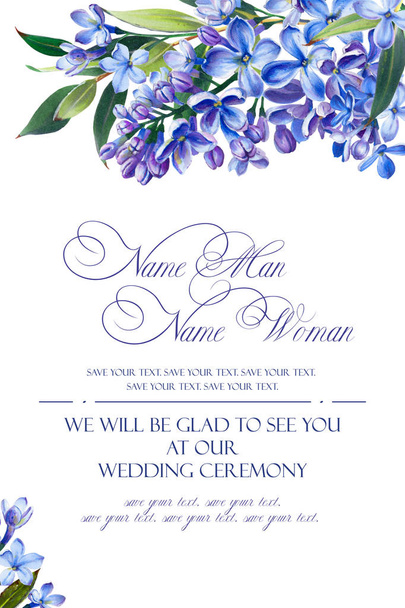 Πρότυπο για Συγχαρητήρια ή προσκλήσεις για το γάμο σε μπλε χρώματα. Εικονογράφηση από δείκτες, όμορφη σύνθεση πασχαλιά και κλαδιά με φύλλα. Απομίμηση της υδατογραφίας σχεδίασης. - Φωτογραφία, εικόνα