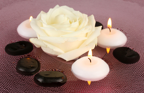 spa stones with flower and candles in water on plate - Фото, изображение