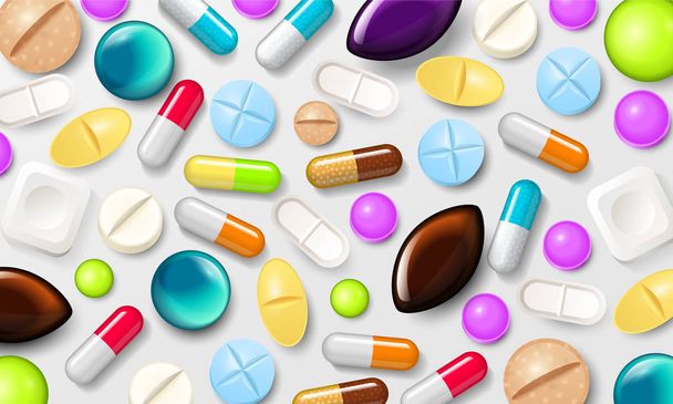 Χάπια φόντο. Ταμπλέτες βιταμίνης για καλή υγεία και αντιβιοτικά φάρμακα. Αφίσα banner για την ιστοσελίδα. Φαρμακείο, παυσίπονο κάψουλες και ιατρικά ναρκωτικά. - Διάνυσμα, εικόνα