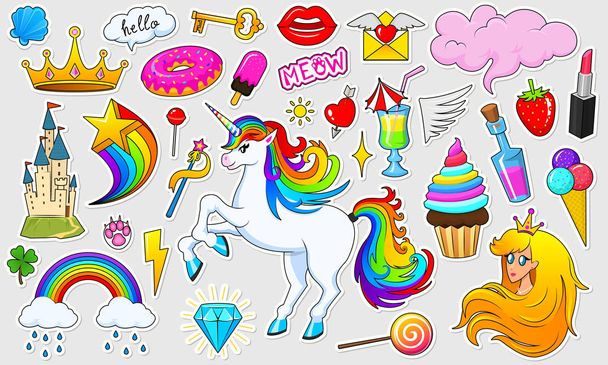 Set of girls fashion cute patches, fun stickers, badges and pins. Collection different elements. Princess and unicorn, lips and ponies, rainbow and sweets. Vector trendy illustration. - Vector, Image