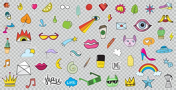 Big Set of Patches Elements like Flower, Heart, Crown, Cloud, Lips, Mail, Diamond, Eyes. Hand Drawn Vector. Cute Fashionable Stickers Collection. Doodle Pop art Sketch Badges and Pins. - Vector, Image