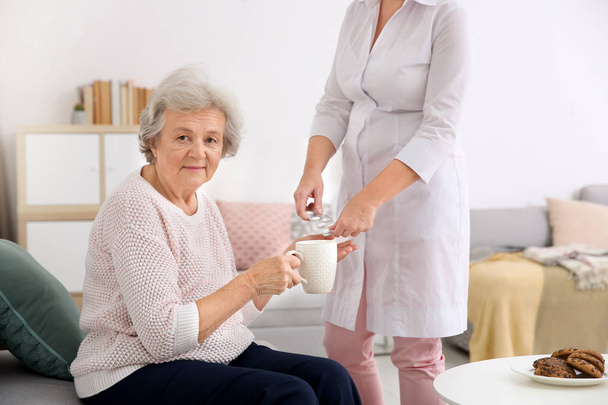Caregiver giving medicine to senior woman at home - Foto, imagen