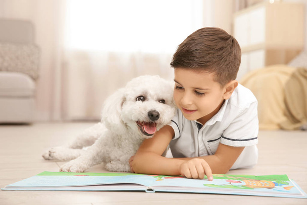 Little boy and bichon frise dog reading book at home - Foto, afbeelding