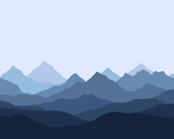 panoramic view of the mountain landscape with fog in the valley below with the alpenglow blue sky - vector - Vector, Image