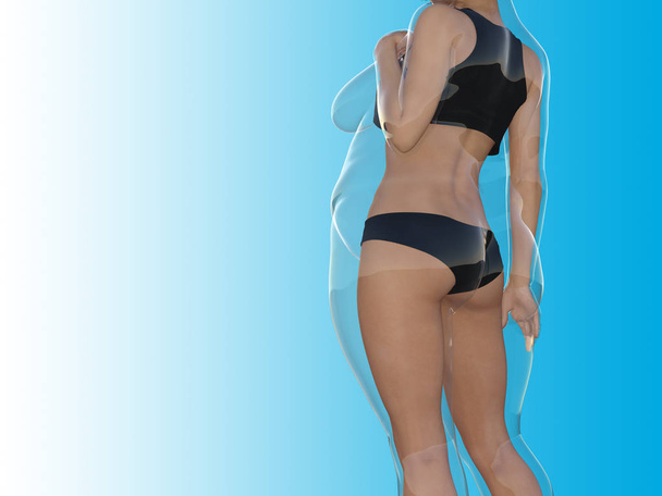 Εννοιολογική λίπος θηλυκό vs slim fit υγιές σώμα μετά από απώλεια βάρους - Φωτογραφία, εικόνα