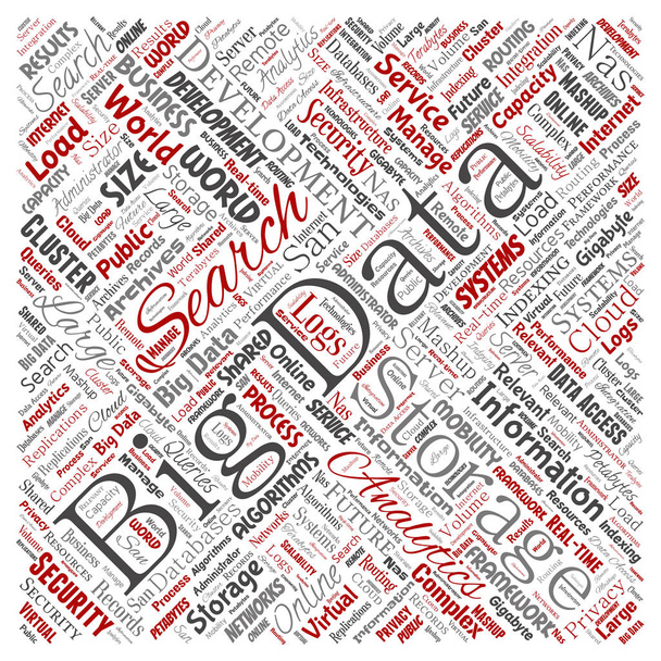 Conceptual big, data, large, size, storage, systems, square red word cloud - Vector, Image