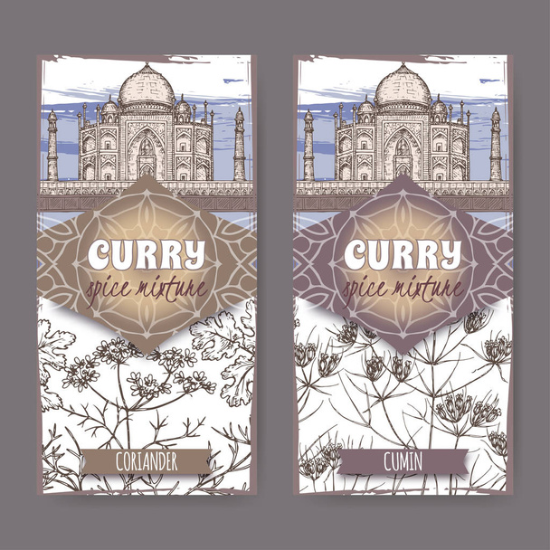 Set of two labels with coriander, cumin and Taj Mahal hand drawn color sketch. - Vector, imagen