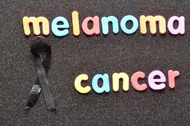 Le parole Melanoma cancro con un nastro di consapevolezza nera
 - Foto, immagini