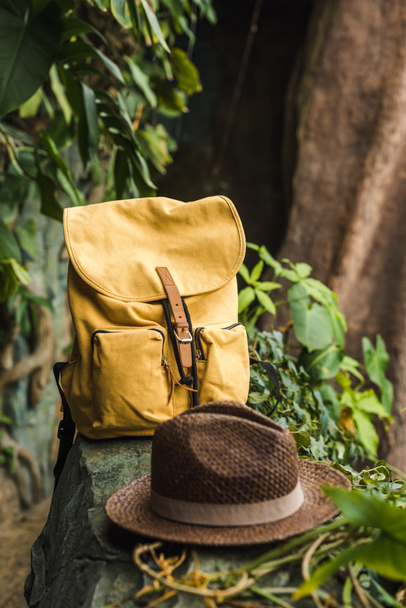 close-up shot of vintage yellow backpack and straw hat on rock in jungle - Photo, Image