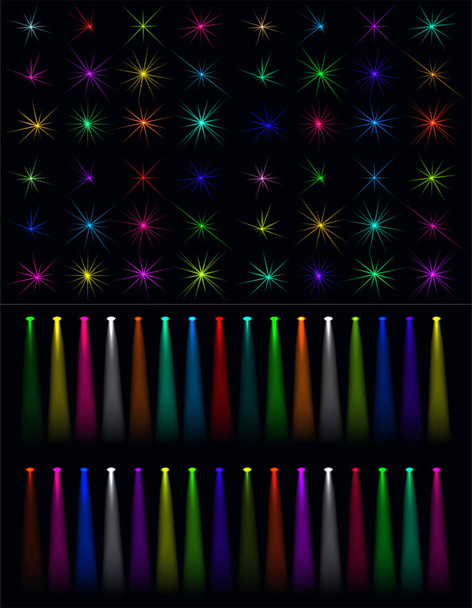 Μεγάλη σειρά από αφηρημένες φωτισμού που λάμπει φωτοβολίδες ή αστέρια και ακτίνες φωτός πάνω στη σκηνή - Διάνυσμα, εικόνα