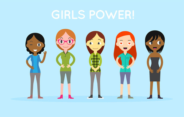 Nemzetközi változatos és nők állandó fajok csoportja. Lányok erő fogalma, a női és a feminizmus ötletek, a nő felhatalmazás és a szerepkör kártyák design. - Vektor, kép