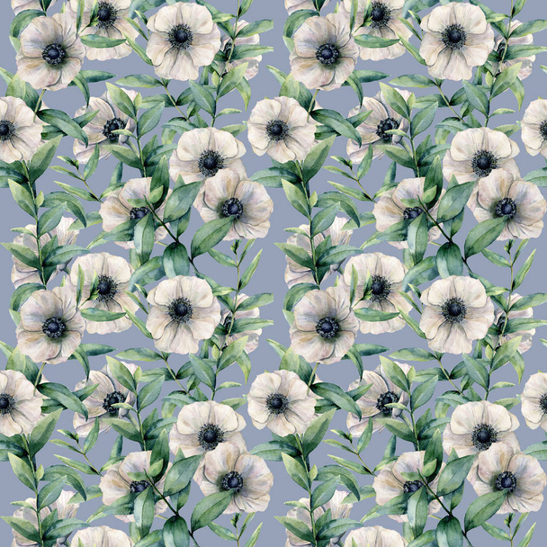 Watercolor anemone and leaves seamless pattern. Hand painted white flower, eucalyptus leaves solated on blue background. Illustration for design, fabric, background or print. - Photo, Image