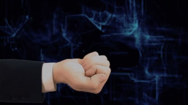 Hand geschilderde toont concept hologram leider op zijn hand - Video
