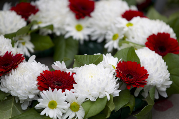 gros plan de couronne de fleurs rouges et blanches
 - Photo, image