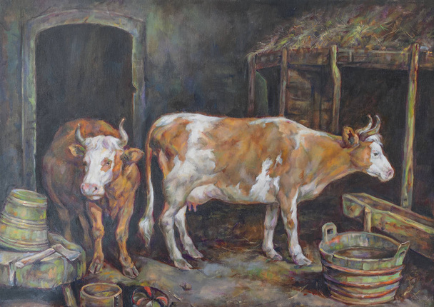 Ölgemälde auf Leinwand von einem Stall und seiner Kuh - Foto, Bild
