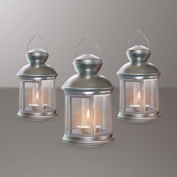Set of Lanterns on light Background. 3D Realistic Metallic Lanterns Vector Illustration - Vector, Image