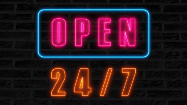 Ouvrez 24-7 néon signe, panneau de style rétro pour bar ou club, arrière-plan généré par ordinateur rendu 3d
 - Photo, image